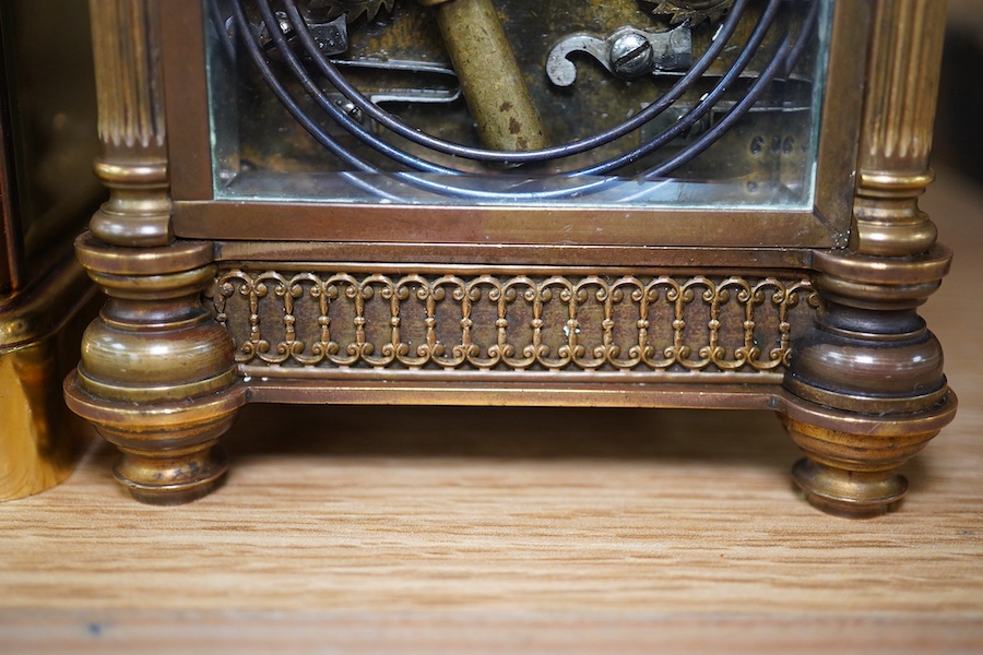 A French brass repeating carriage clock, together with another enamelled dial carriage clock, both with keys, tallest 15cm. Condition - not tested